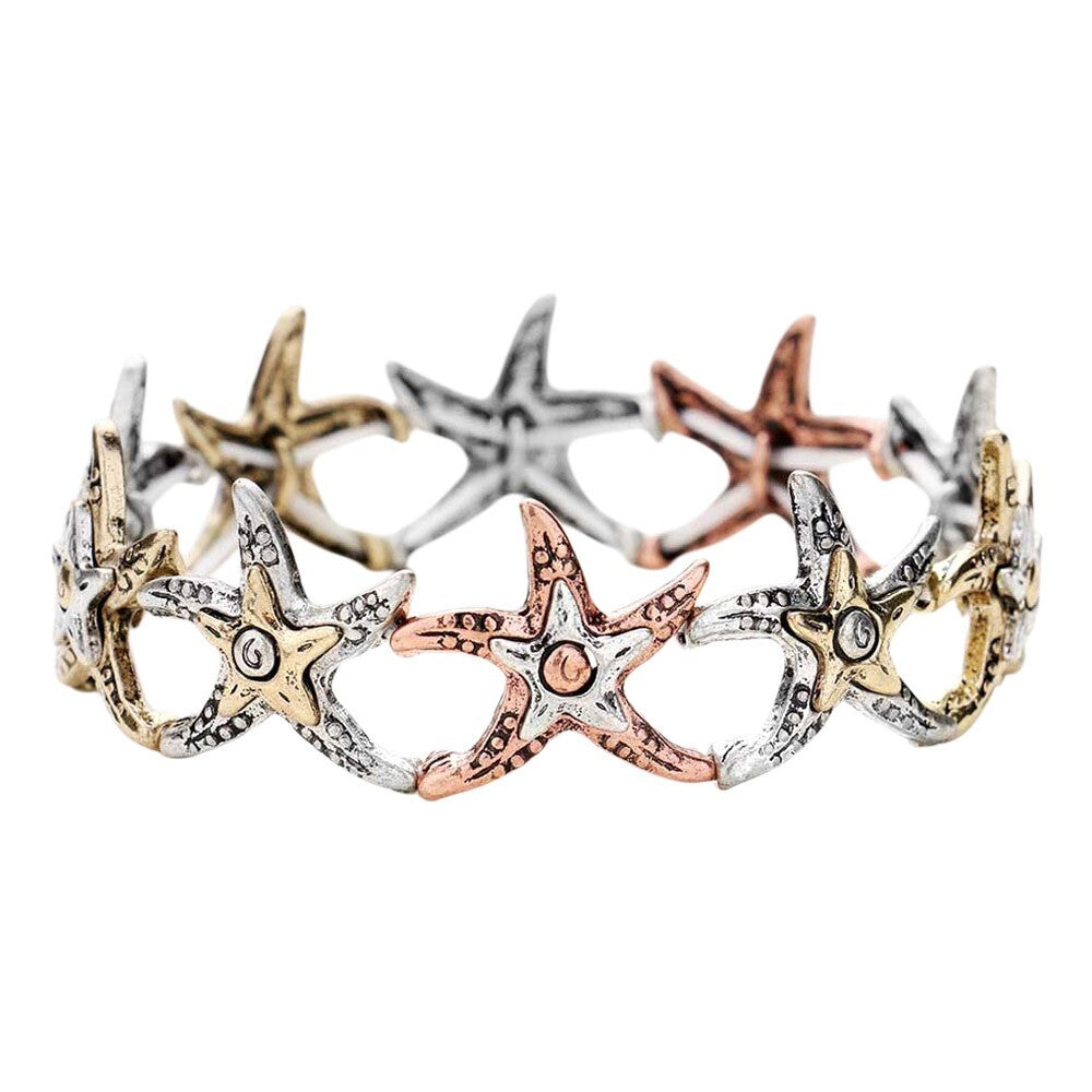 Hammered Metal Starfish Stretch Bracelet for Women Beach Coastal Jewelry