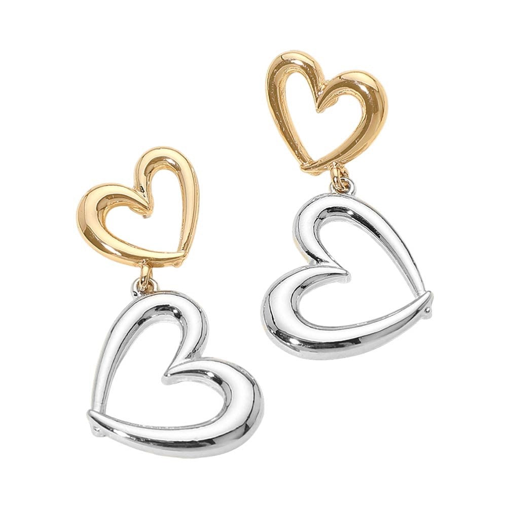 Mixed Metal Gold and Silver Tone Open Double Heart Dangle Drop Earrings