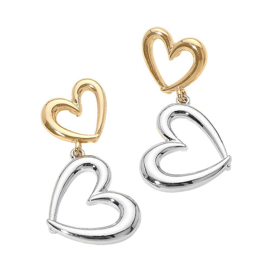 Mixed Metal Gold and Silver Tone Open Double Heart Dangle Drop Earrings