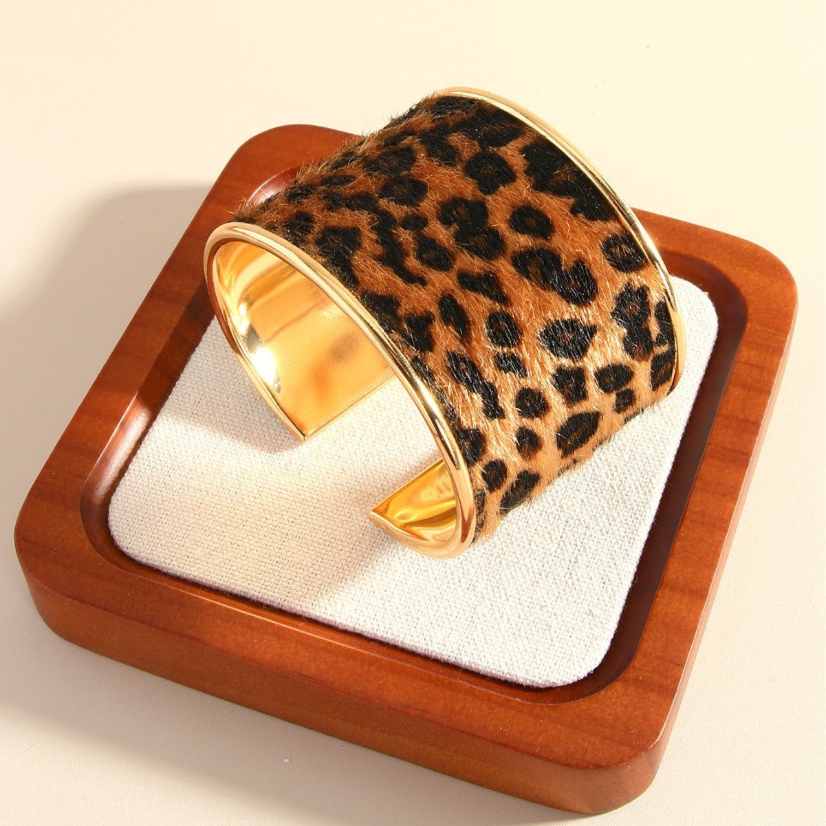 2 PC Cheetah Leopard Wide Cuff Bracelet Set Gold Tone Furry Animal Print Boho