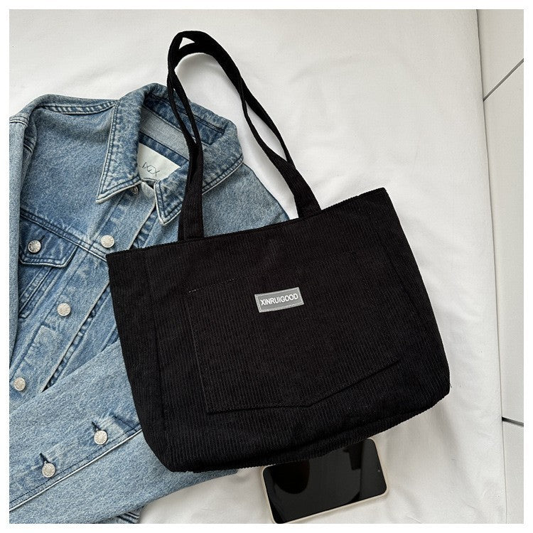 Black Corduroy Tote Bag Shoulder Handbag Casual Shopper Bag