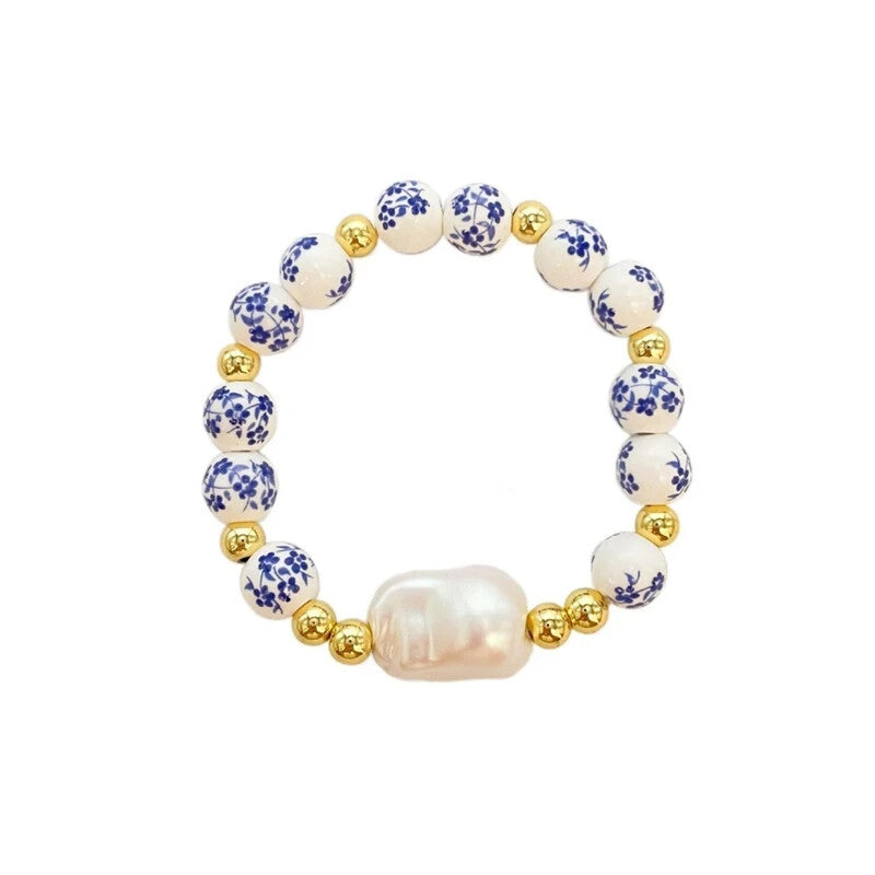 Imitation Baroque Pearl Elastic Bracelet Blue White Porcelain Beaded Jewelry