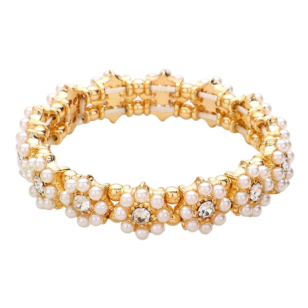 Gold Tone Flower Stretch Bracelet with Faux Pearls and Sparkling Crystals - 0.5"