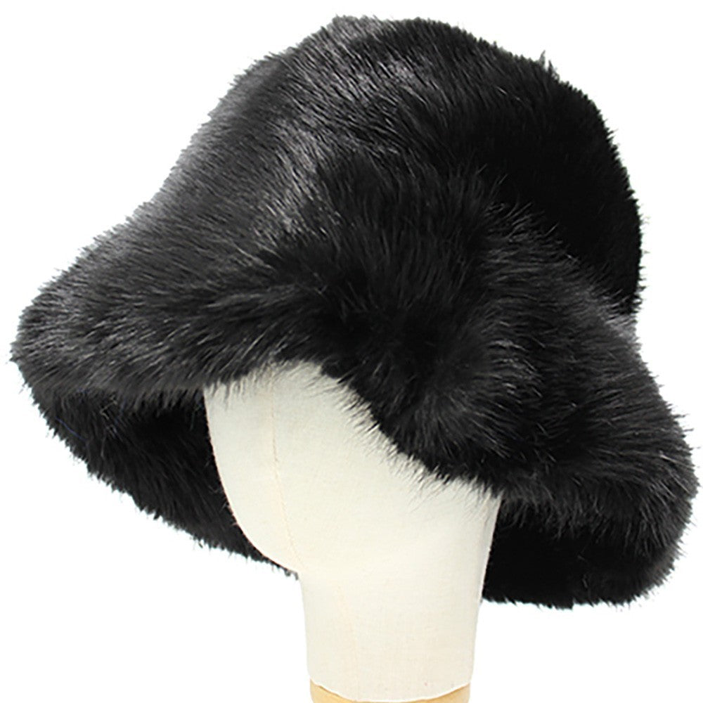 Black Faux Fur Bucket Hat Winter Wide Brim Cozy Plush Unisex One Size Warm