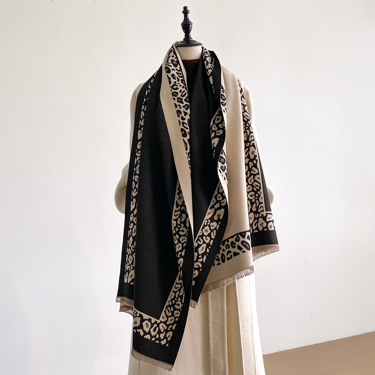 Oversized Cashmere Feel Scarf Black Beige Leopard Print Winter Wrap Gift
