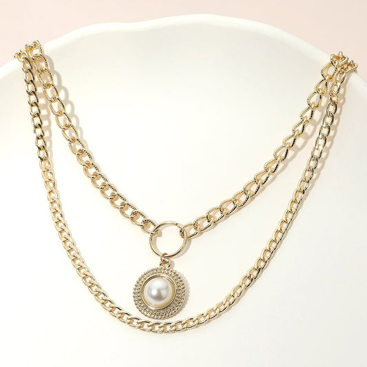 Gold Layered Chain Necklace Faux Pearl Pendant Cubic Zirconia Stack Jewelry
