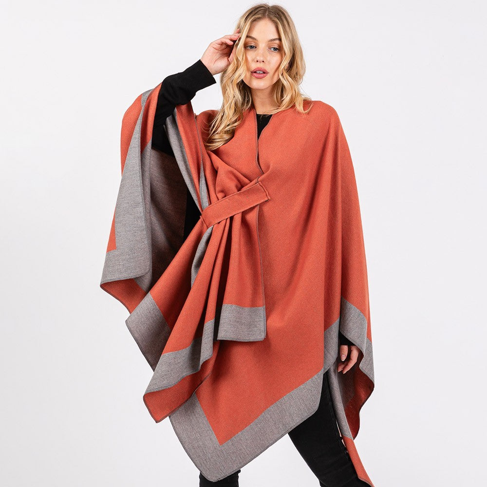 Two Tone Ruana Poncho Women Pull Through Shawl Knit Cape Wrap Cozy Layering