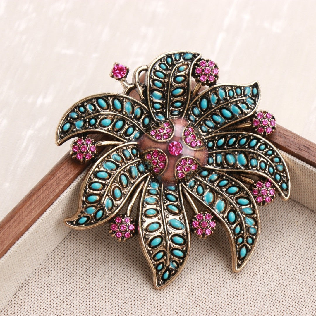 Vintage Gold Tone Flower Brooch Turquoise & Pink Rhinestone Floral Pin