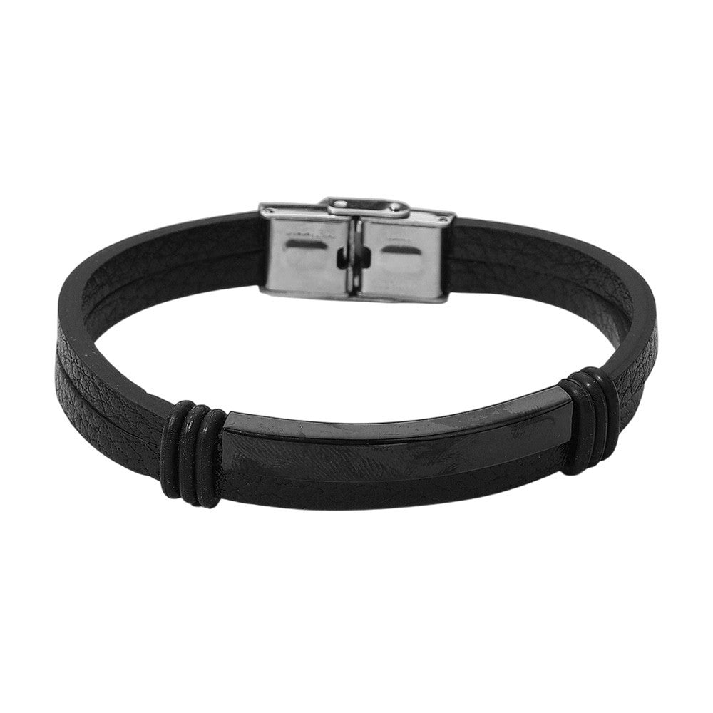 Luxury Men's Black Leather Bracelet Sleek Stainless Steel Magnetic Clasp 0.6" H