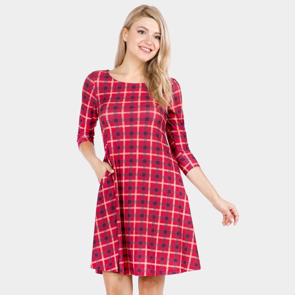Red and Navy Plaid A-Line Tunic Dress with Pockets and 3/4 Sleeves - Sizes Small