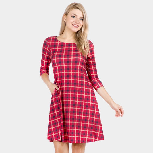 Red and Navy Plaid A-Line Tunic Dress with Pockets and 3/4 Sleeves - Sizes Small