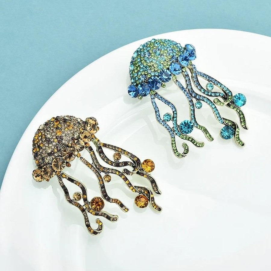 2pcs Sparkling Crystal Jellyfish Brooch Set Blue Amber Rhinestone Marine Pins