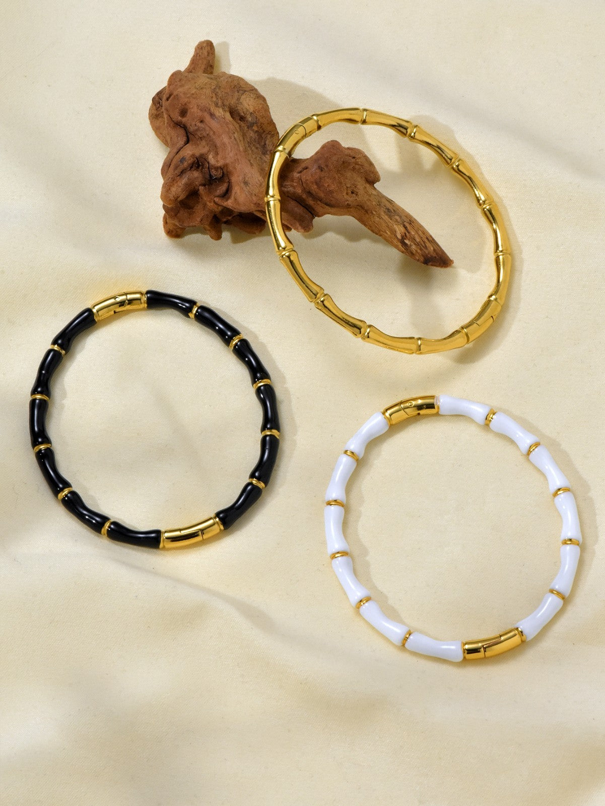 3PC Bamboo Bangle Bracelet Set Gold Tone White Black Enamel Stackable