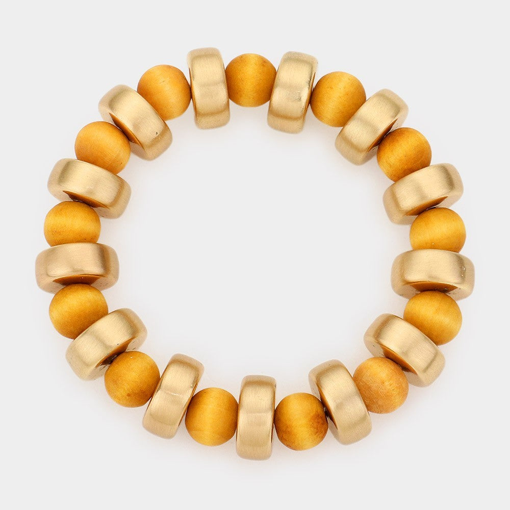 Matte Gold Tone Barrel Bead & Wood Round Bead Stretch Bracelet