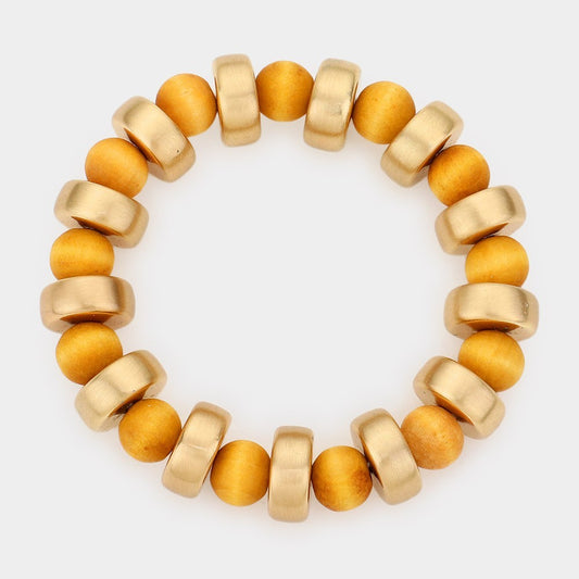 Matte Gold Tone Barrel Bead & Wood Round Bead Stretch Bracelet