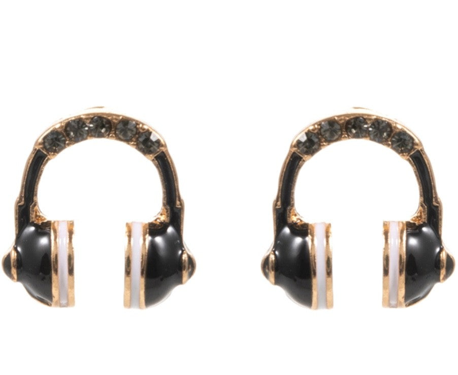 Crystal Headphone Stud Earrings - Gold Tone Music Lover Jewelry for Daily Wear