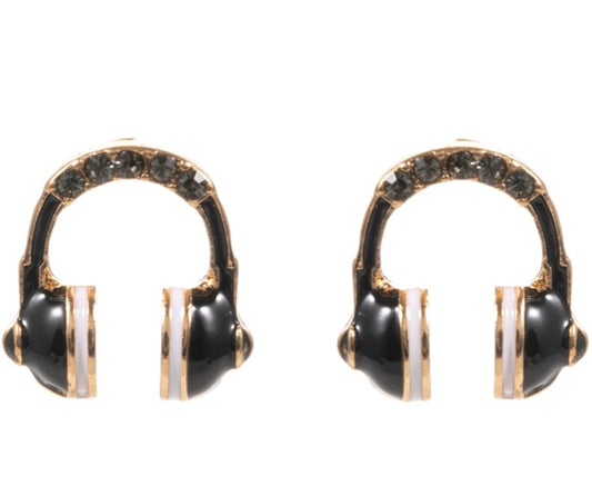 Crystal Headphone Stud Earrings - Gold Tone Music Lover Jewelry for Daily Wear
