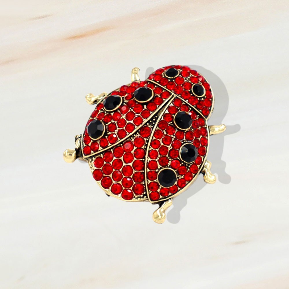 2x Red Black Rhinestone Ladybug Brooch Pin Gold Tone Insect Jewelry Set