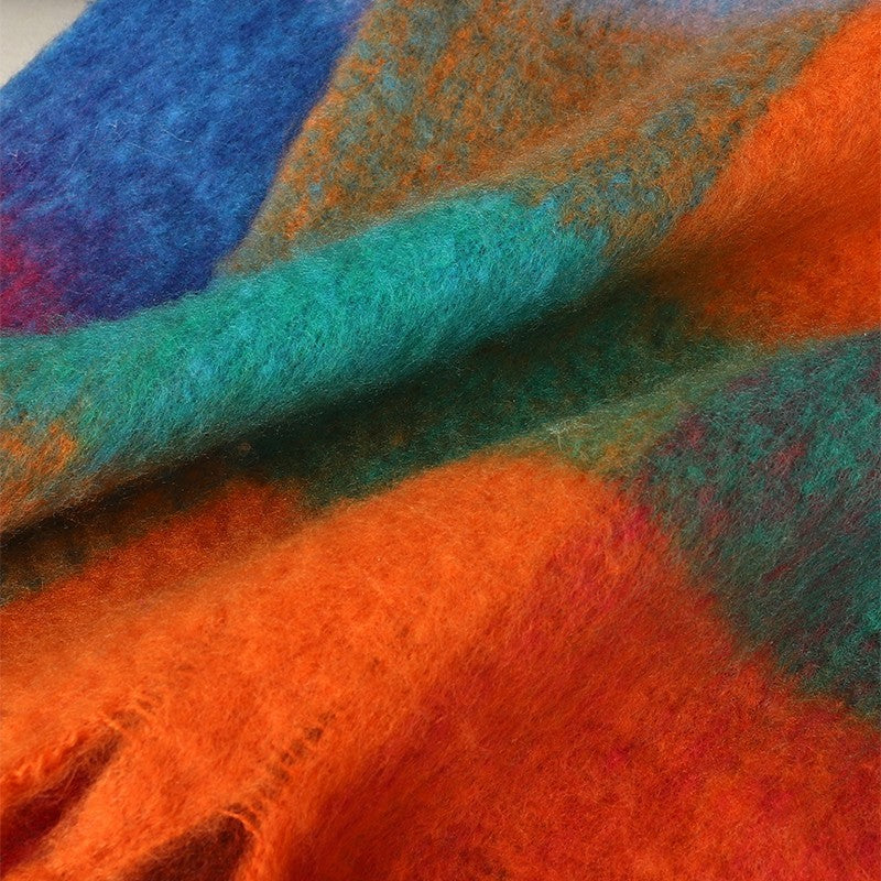 Vibrant Plaid Pom Pom Tassel Scarf Oversized Fuzzy Fluffy Shawl Wrap