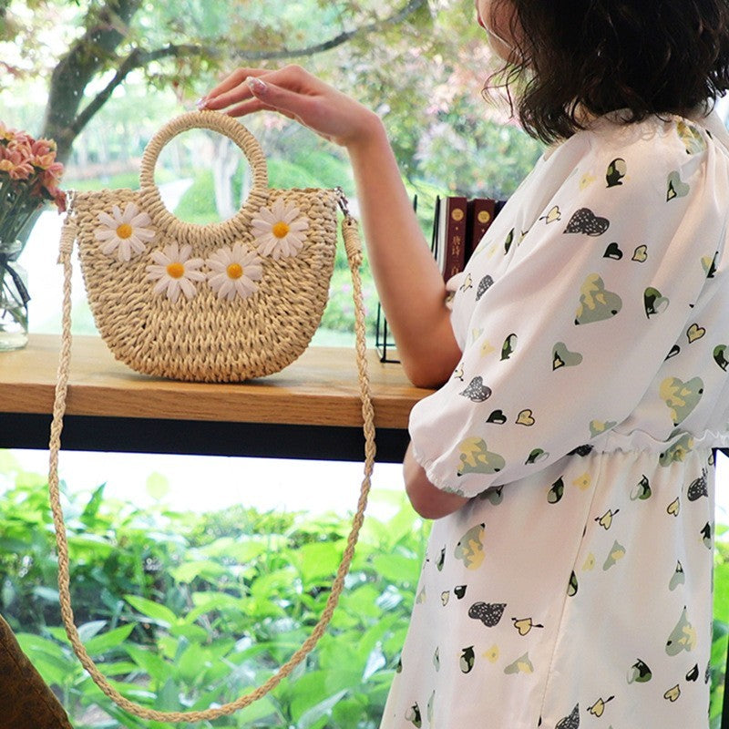 Hand-Woven Straw Daisy Bag for Women| Boho Moon-Shaped Summer Crossbody Purse