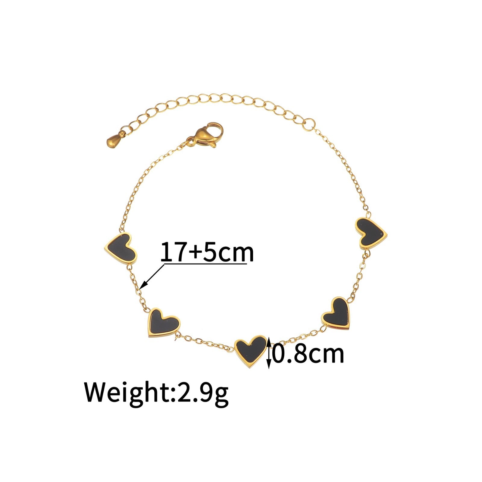 Dainty 2 Pcs Gold Heart Station Bracelet Set Black White Adjustable Chain