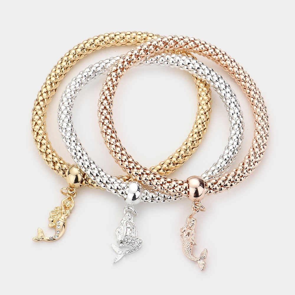 Stretch Popcorn Bangle Bracelet Set 3PC Mermaid Charms Gold Silver Rose