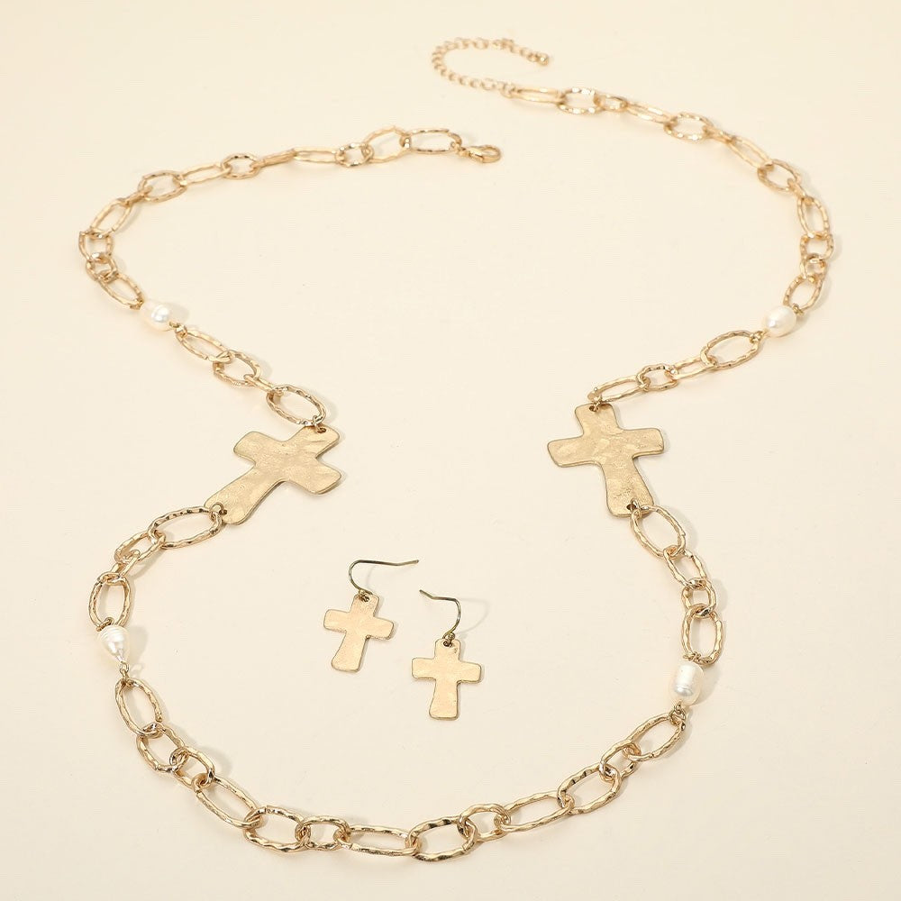 Gold Hammered Cross Long Chain Necklace and Earring Set with Faux Pearl Accents