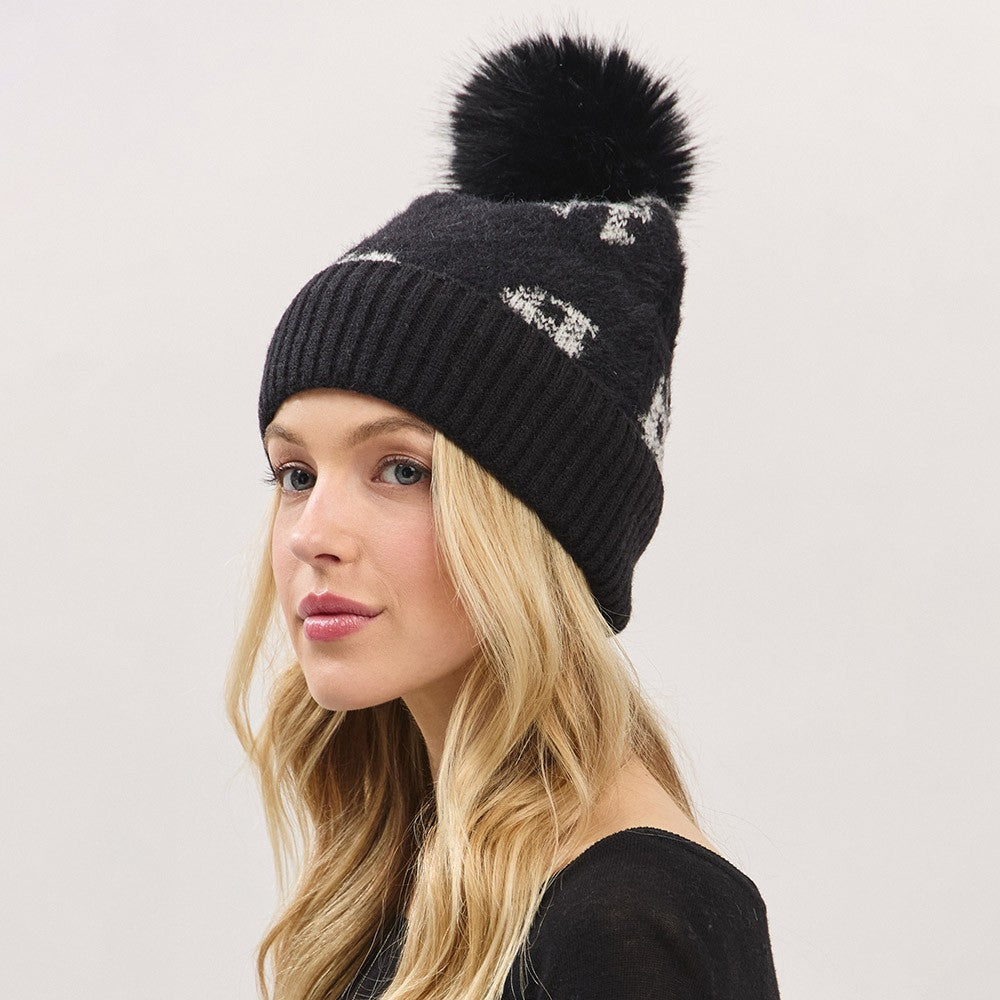 Women's One Size Paid Pattern Faux Fur Mixed Fleeced Pom Pom Winter Beanie Hat