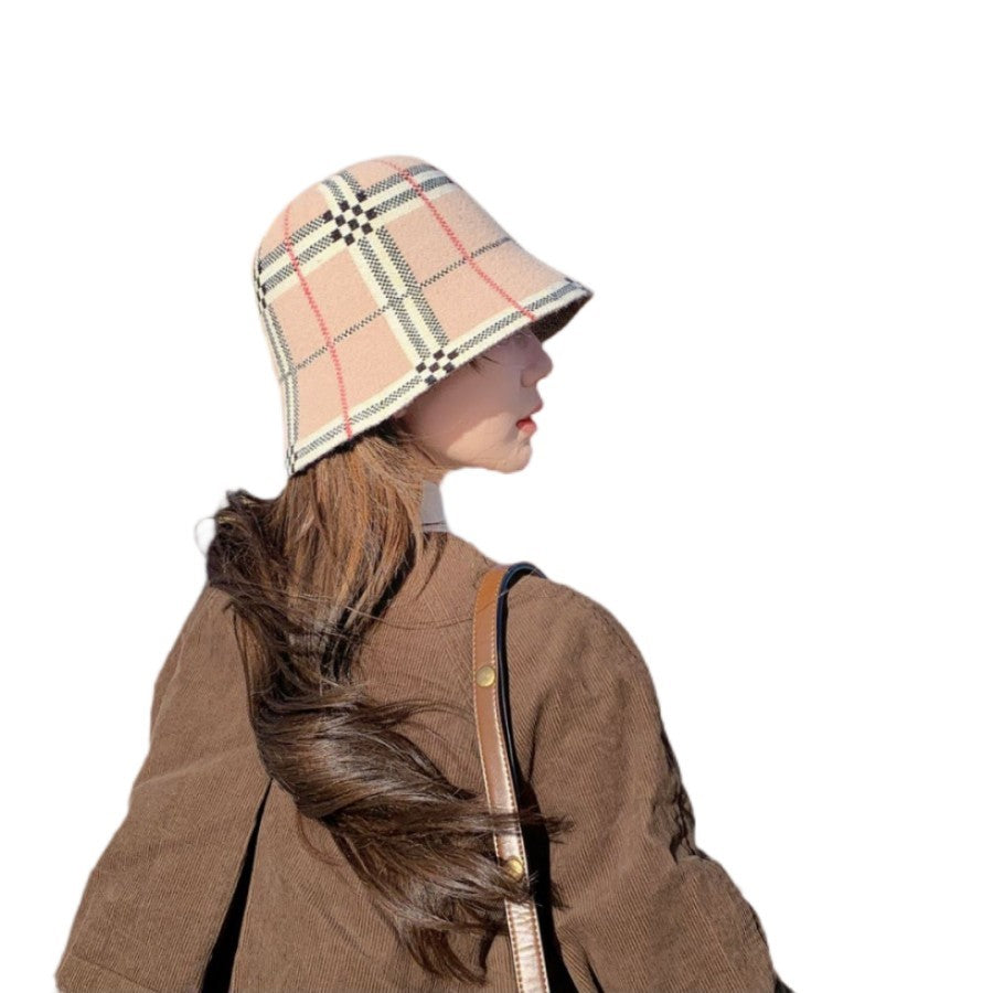 Wool Blend Plaid Bucket Hat Women's Winter Check Tartan Pink Fisherman Cap