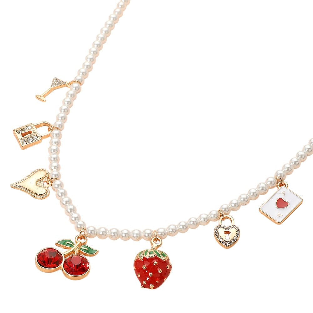 Gold Tone Faux Pearl Charm Necklace with Cherry and Strawberry Fruit Accents