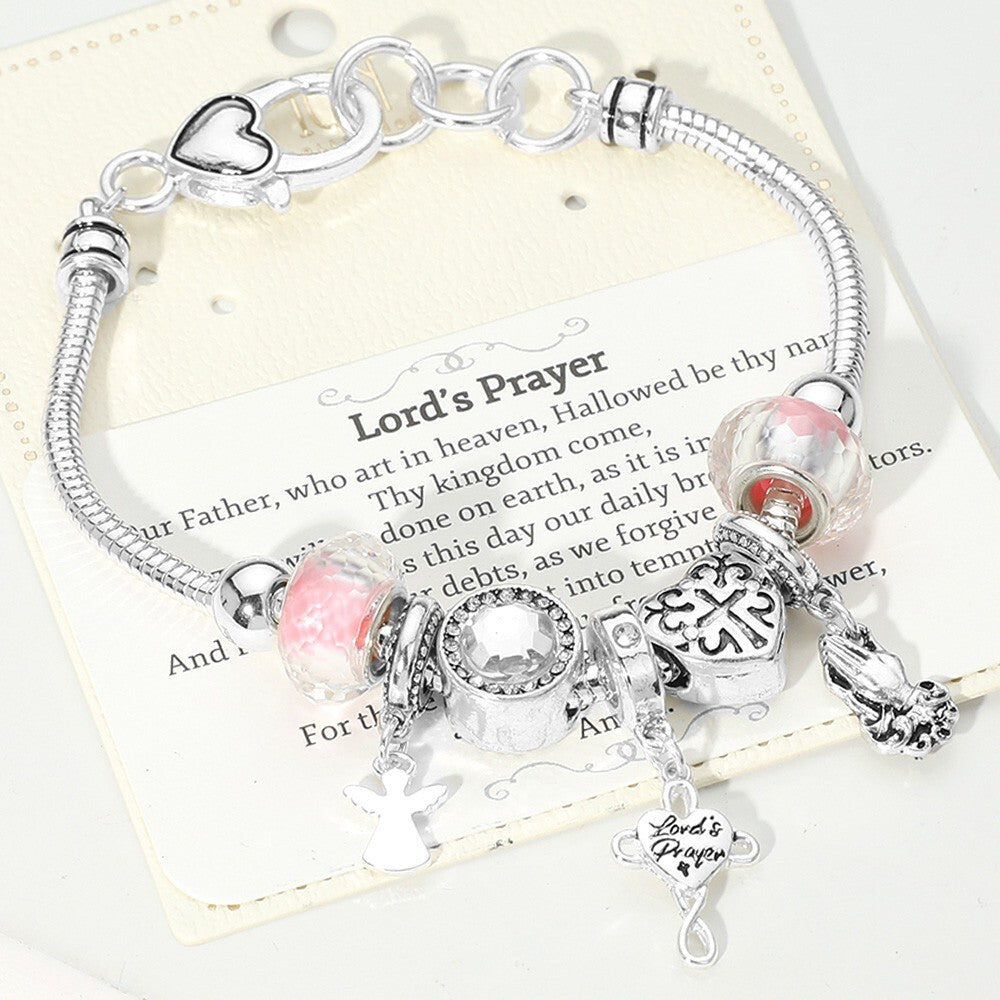 Lord's Prayer Angel Heart Charm Beaded Stretch Bracelet for Women Faith Gift