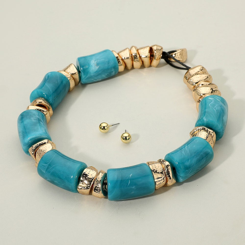 Chunky Turquoise & Gold Statement Necklace Set Boho Resin Bead Stud Earrings