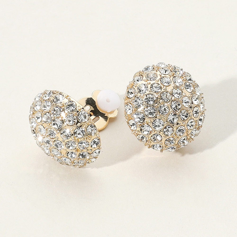 Sparkling Full Pavé Round Crystal Button Clip On Statement Earrings Gold Tone