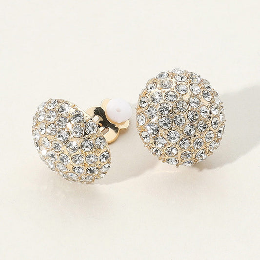 Sparkling Full Pavé Round Crystal Button Clip On Statement Earrings Gold Tone