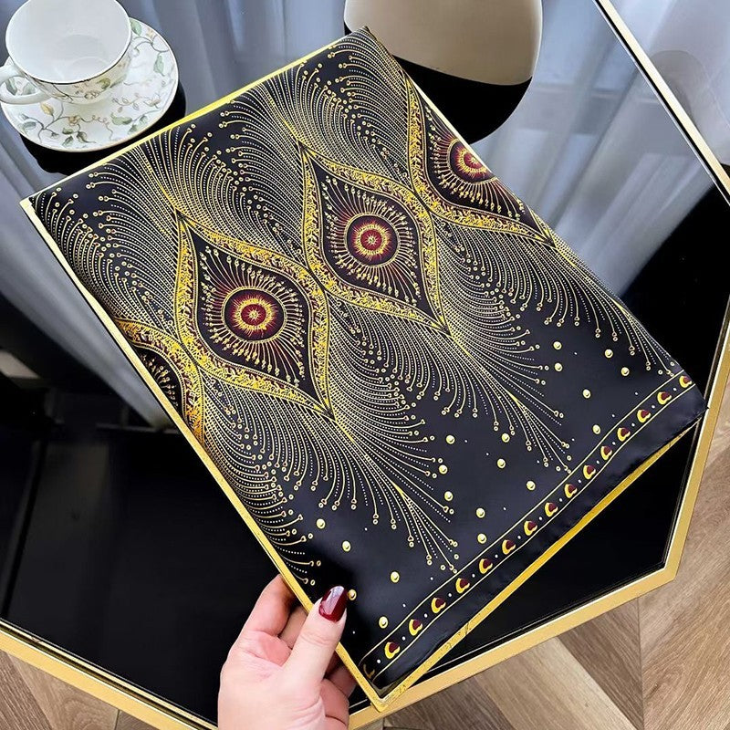 NEW Black Gold Peacock Feather Scarf Shawl Wrap 70in x 35in Silk Feel