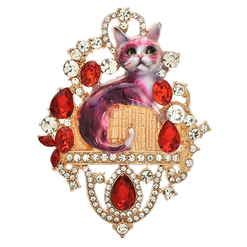 Large Gold Tone Cat Rhinestone Brooch Pin Figural Red Clear Crystals Fashion
