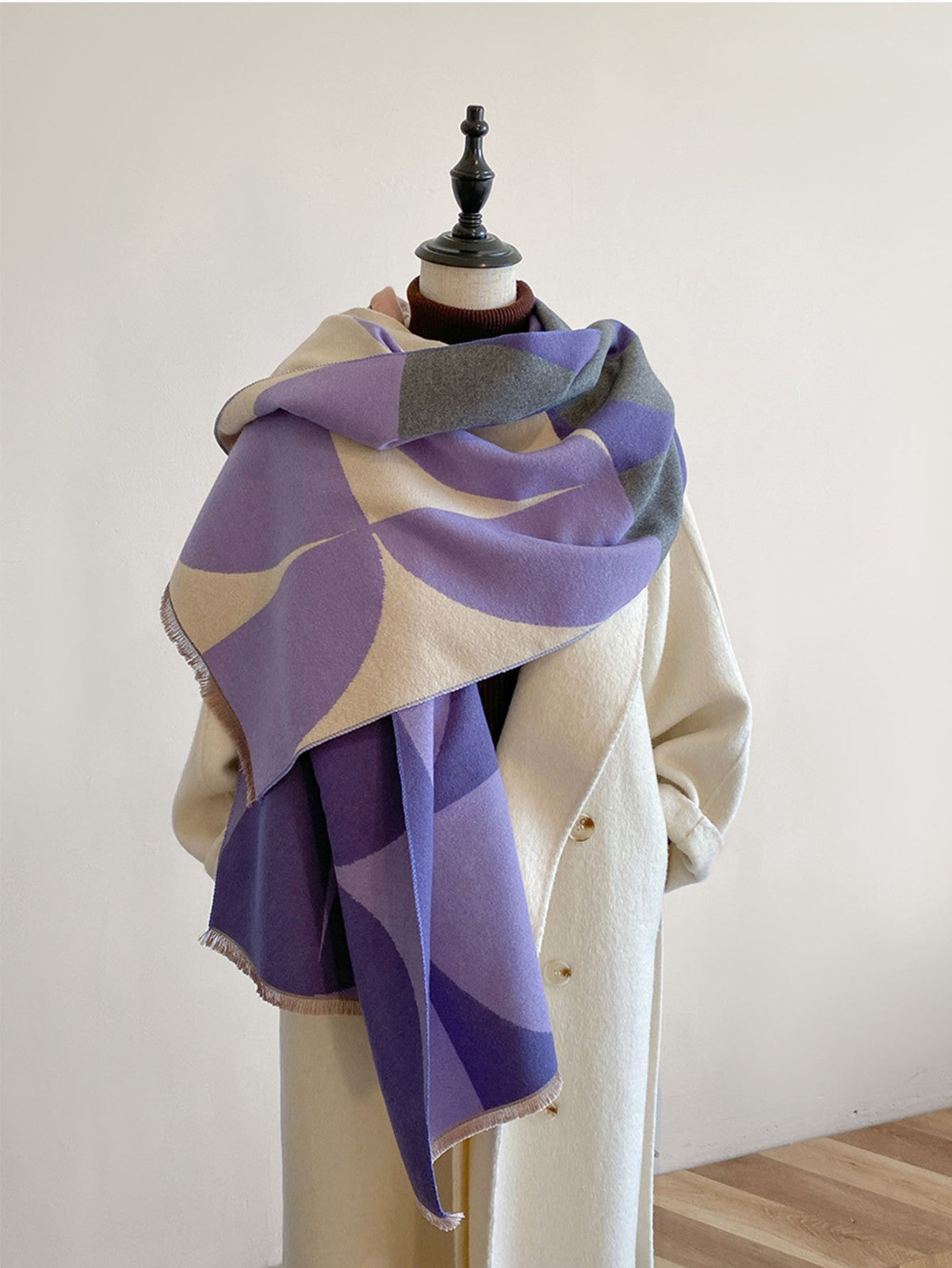 Geometric Pattern Oversized Cashmere Feel Shawl Wrap Purple Beige