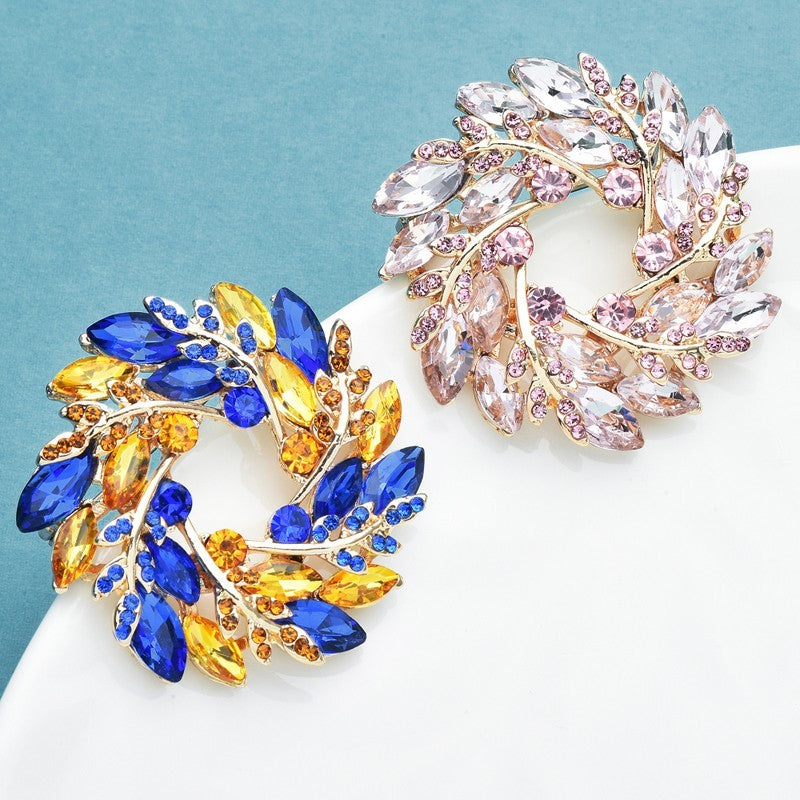 2pcs Flower Wreath Brooch Pin Rhinestone Floral Party Jewelry Gift Set