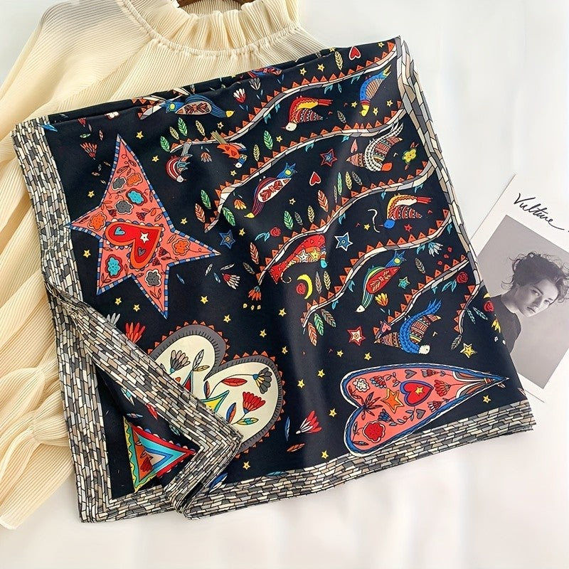 Folk Art Bird Star Heart Black Silky Square Scarf Neck Head Wrap Bandana