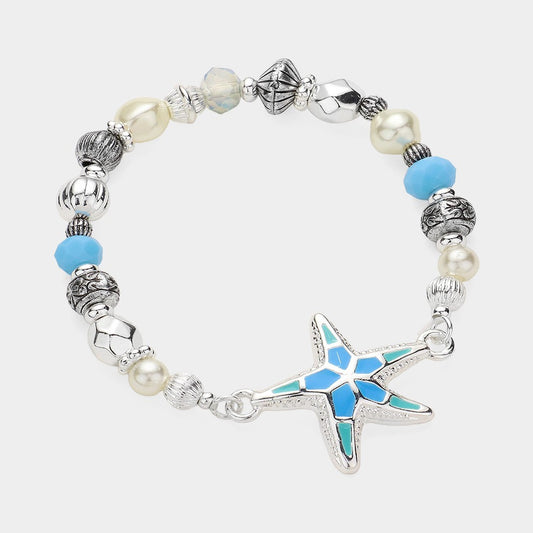 2ps  Worn Silver and Turquoise Metal Cross Stretch Bracelet  Faith Jewelry