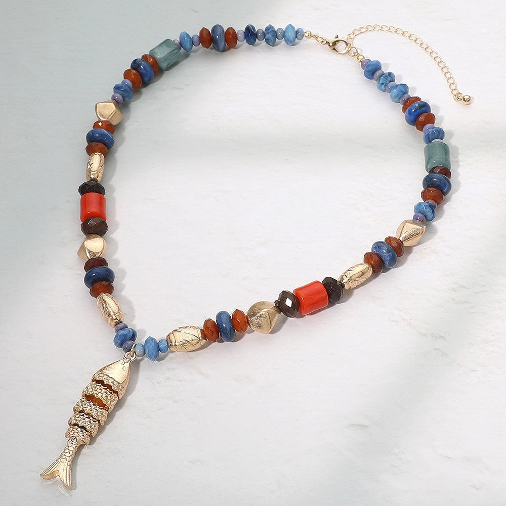 Boho Gold Articulated Fish Pendant Necklace with Blue and Red Natural Stone Bead