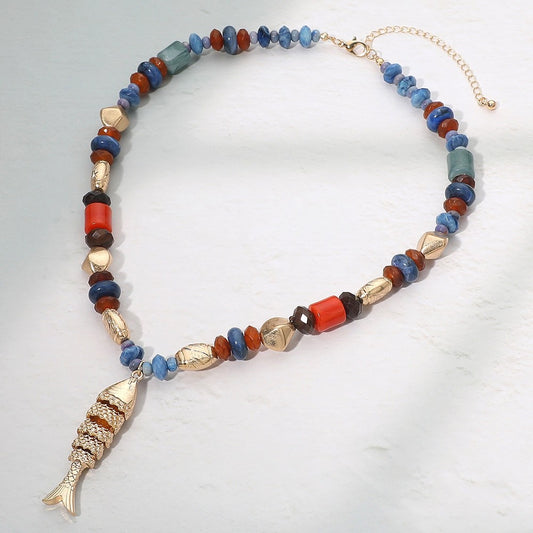 Boho Gold Articulated Fish Pendant Necklace with Blue and Red Natural Stone Bead
