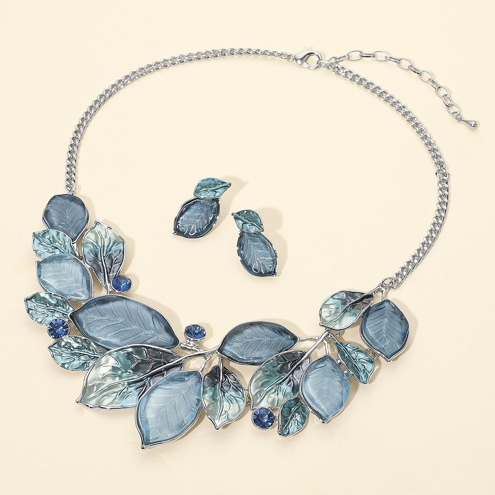 Enamel Blue Leaf Statement Necklace & Stud Earrings Jewelry Set 16.5"+3.5" L