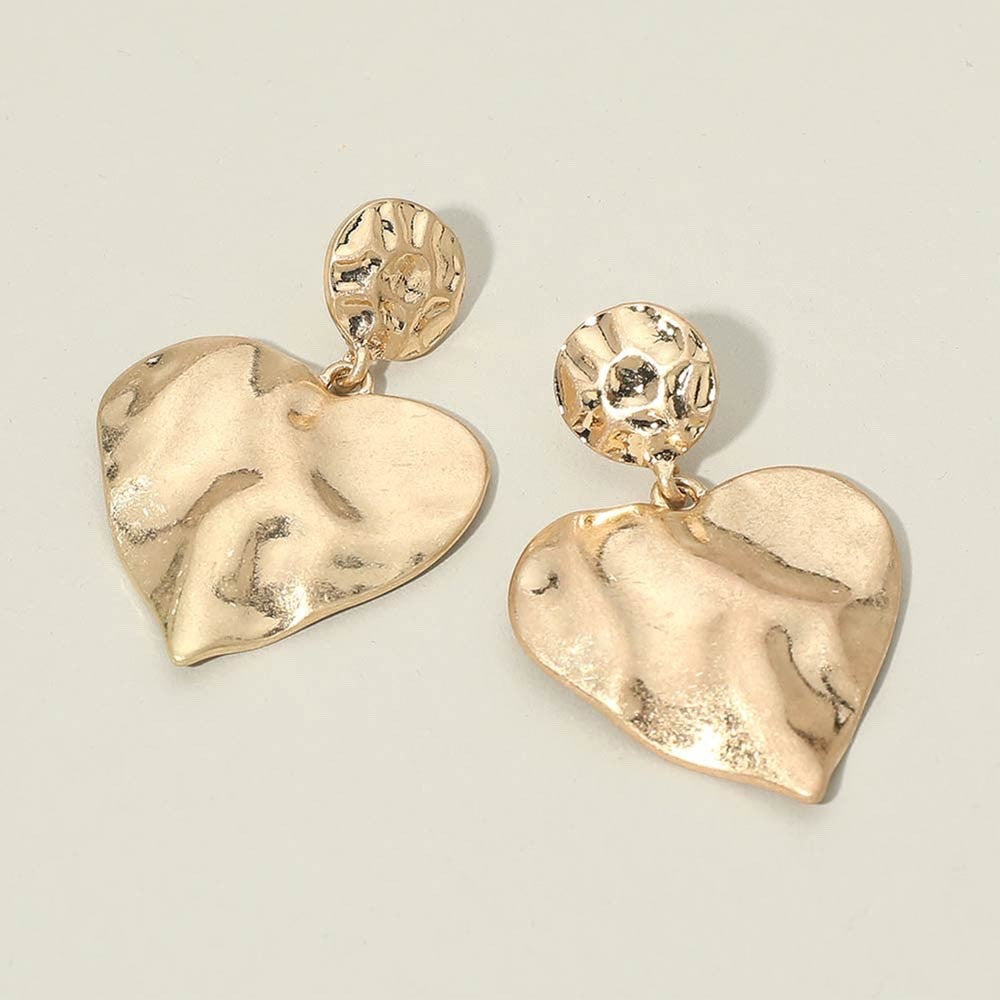 Gold Hammered Heart Dangle Earrings - Textured Abstract Statement Jewelry Gift