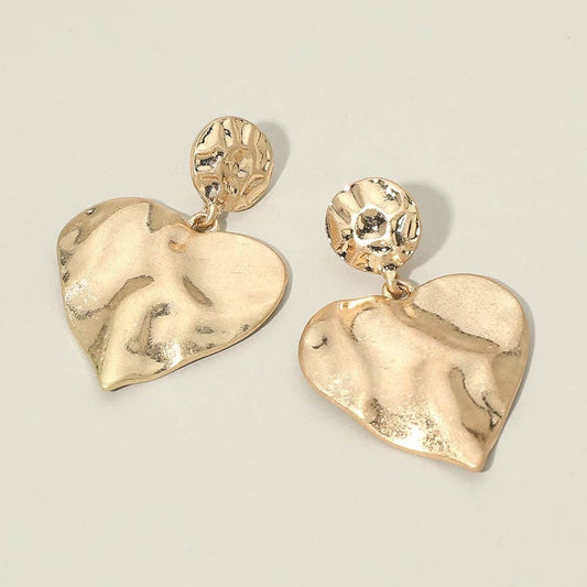 Gold Hammered Heart Dangle Earrings - Textured Abstract Statement Jewelry Gift
