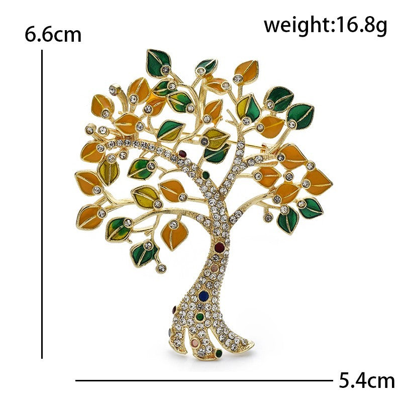 Tree of Life Brooch Rhinestone Enamel Gold Tone Leaf Branch Plant Pin