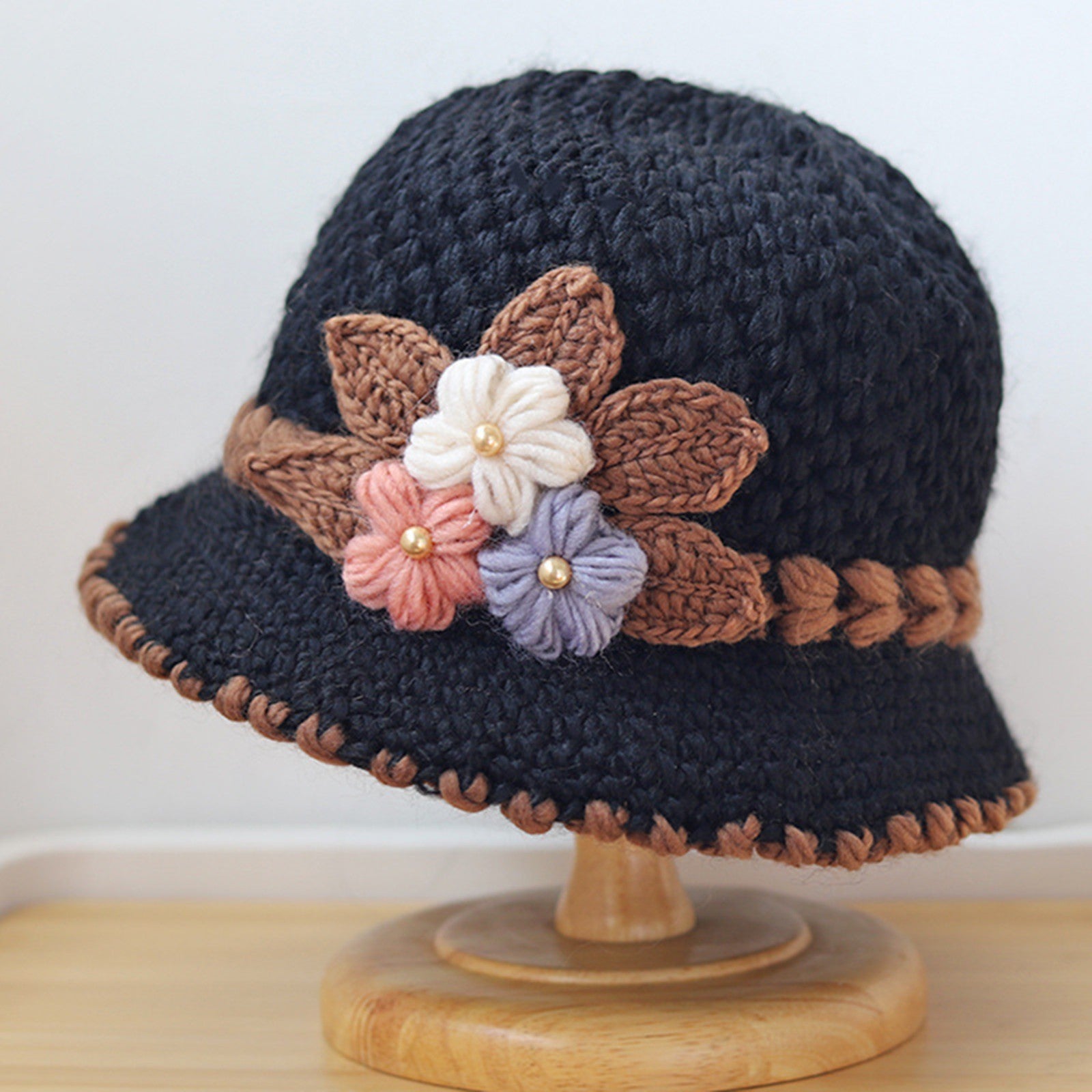 Handmade Crochet Black Cloche Hat Vintage 1920s Style Floral Accent