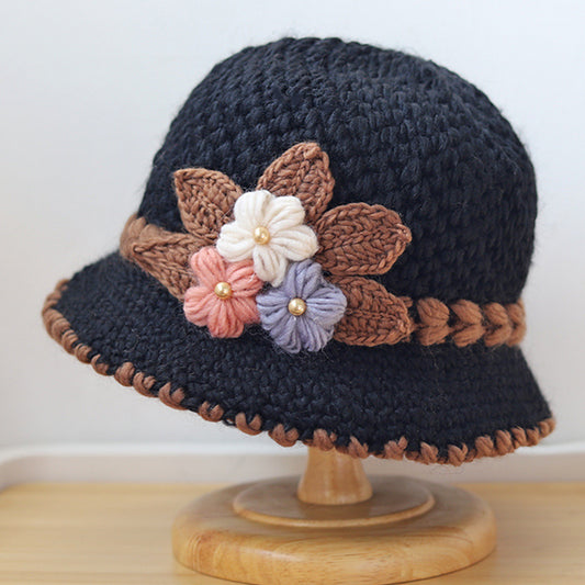 Handmade Crochet Black Cloche Hat Vintage 1920s Style Floral Accent
