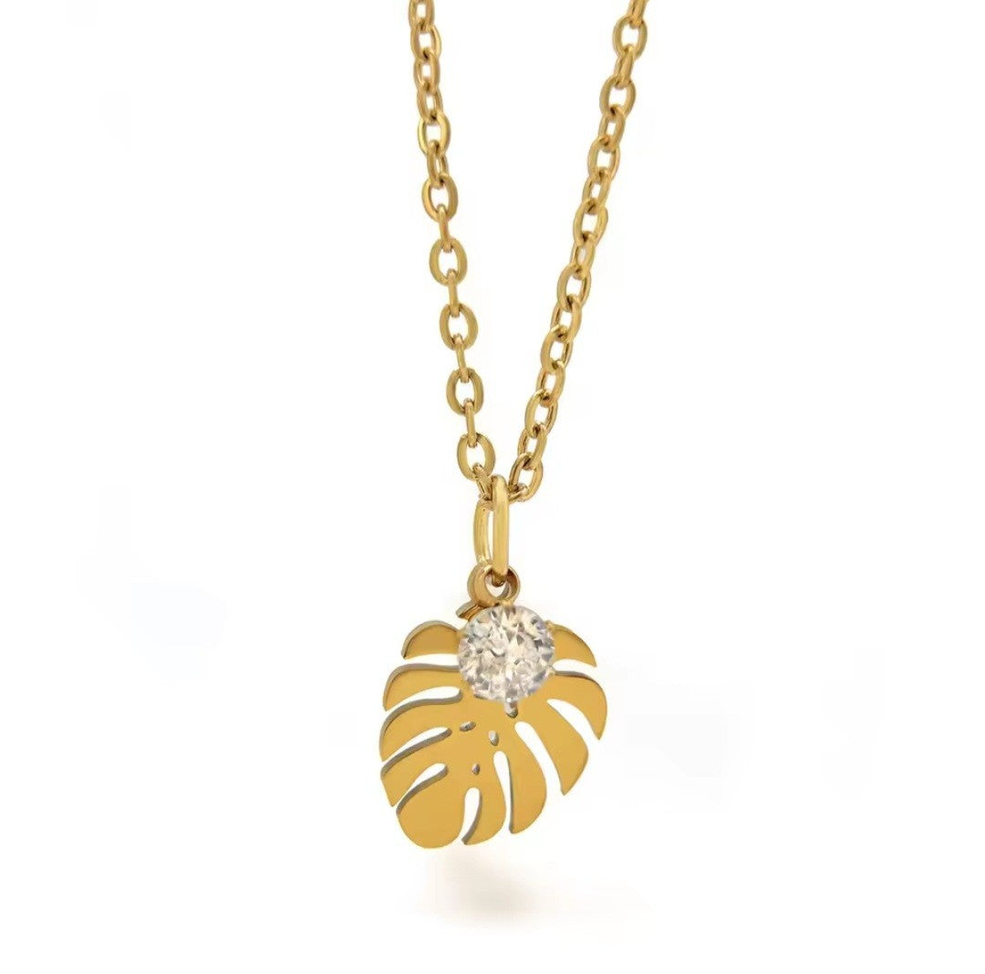 Dainty 18K Gold Plated Monstera Leaf Necklace Zirconia Stainless Steel New
