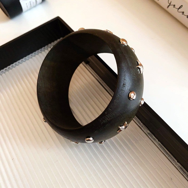 Ebony Wood Bangle Bracelet with Silver Star Studs Boho Chic Jewelry